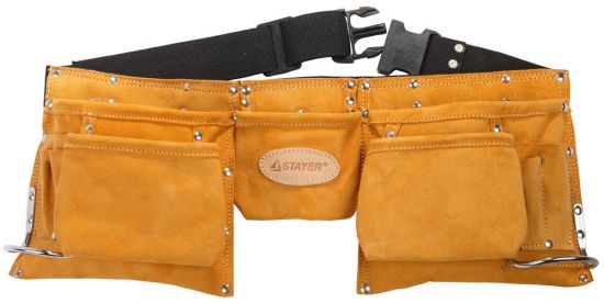 Пояс STAYER PROFESSIONAL для инструментов, кожаный, 11 карманов, 2 скобы 