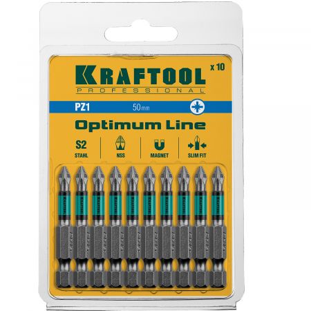 Optimum Line Биты, PZ1, 50 мм, тип хвостовика E 1/4", 10 шт в блистере, KRAFTOOL Optimum Line Биты, PZ1, 50 мм, тип хвостовика E 1/4", 10 шт в блистере, KRAFTOOL
