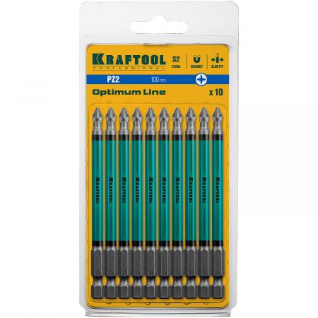 Optimum Line Биты, PZ2, тип хвостовика E 1/4", 100 мм, 10 шт в блистере, KRAFTOOL Optimum Line Биты, PZ2, тип хвостовика E 1/4", 100 мм, 10 шт в блистере, KRAFTOOL
