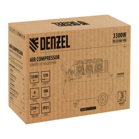 Компрессор безмасляный, малошумный DLS 3300/100, 3300 Вт,3x1100, 100 л, 570 л/мин ,блок управления// Denzel Компрессор безмасляный, малошумный DLS 3300/100, 3300 Вт,3x1100, 100 л, 570 л/мин ,блок управления// Denzel