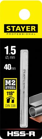 STAYER PROFI 1.5х40мм, Сверло по металлу HSS-R, быстрорежущая сталь М2(S6-5-2) STAYER PROFI 1.5х40мм, Сверло по металлу HSS-R, быстрорежущая сталь М2(S6-5-2)