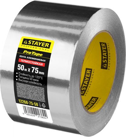 Алюминиевая лента, STAYER Professional 12268-75-50, до 120°С, 50мкм, 75мм х 50м Алюминиевая лента, STAYER Professional 12268-75-50, до 120°С, 50мкм, 75мм х 50м