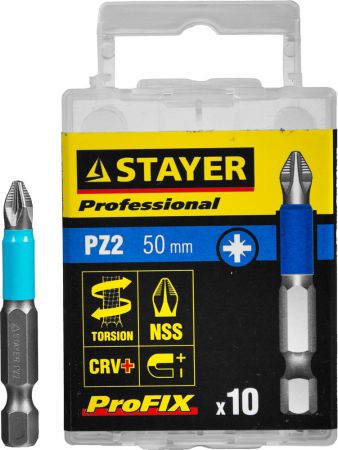 Биты STAYER PROFESSIONAL ProFix Pozidriv, тип хвостовика E 1/4, № 2, L=50мм, 10шт