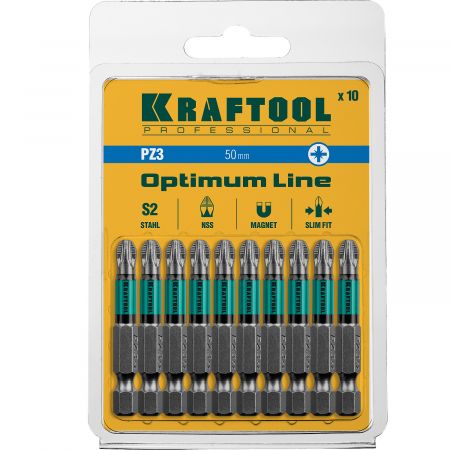 Optimum Line Биты, PZ3, 50 мм, тип хвостовика E 1/4", 10 шт в блистере, KRAFTOOL Optimum Line Биты, PZ3, 50 мм, тип хвостовика E 1/4", 10 шт в блистере, KRAFTOOL