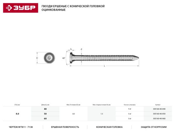 Гвозди ершеные с конической головкой, оцинкованные, 60 х 4.0 мм, 5 кг, ЗУБР Гвозди ершеные с конической головкой, оцинкованные, 60 х 4.0 мм, 5 кг, ЗУБР