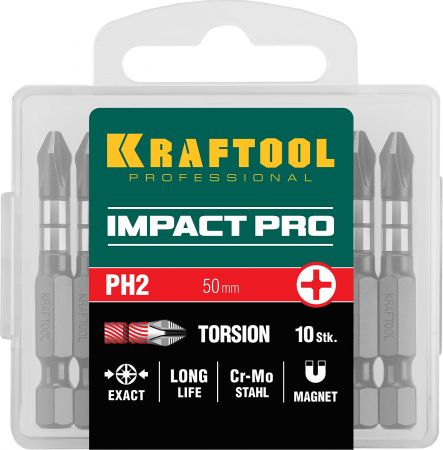 Биты KRAFTOOL Impact Pro, Philips, тип хвостовика E 1/4", PH2, 50мм, 10шт, в пластиковом боксе Биты KRAFTOOL Impact Pro, Philips, тип хвостовика E 1/4", PH2, 50мм, 10шт, в пластиковом боксе