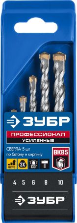 ЗУБР ПРОФЕССИОНАЛ 5 шт: d 4-5-6-8-10 мм набор сверл по бетону усиленных, 3-х гранный хвостовик ЗУБР ПРОФЕССИОНАЛ 5 шт: d 4-5-6-8-10 мм набор сверл по бетону усиленных, 3-х гранный хвостовик