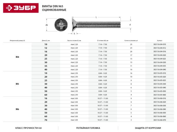 Винт DIN 965, M6 x 40 мм, 6 шт, кл. пр. 4.8, оцинкованный, ЗУБР