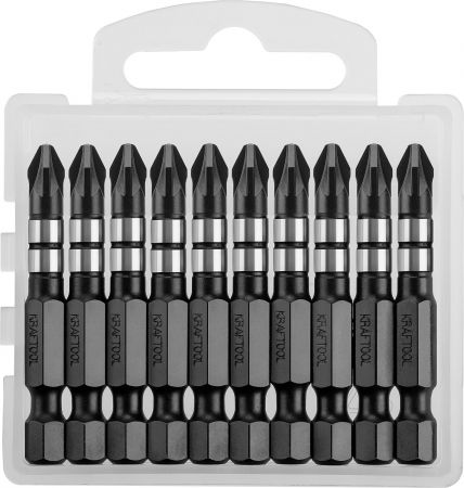Биты KRAFTOOL Impact Pro, Pozidriv, тип хвостовика E 1/4", PZ2, 50мм, 10шт, в пластиковом боксе