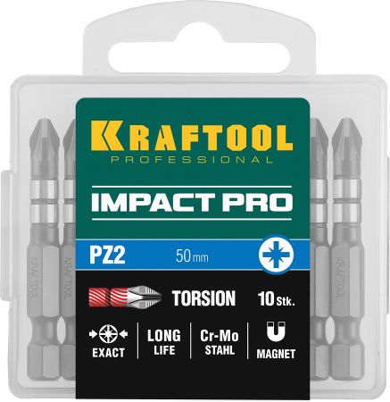 Биты KRAFTOOL Impact Pro, Pozidriv, тип хвостовика E 1/4", PZ2, 50мм, 10шт, в пластиковом боксе Биты KRAFTOOL Impact Pro, Pozidriv, тип хвостовика E 1/4", PZ2, 50мм, 10шт, в пластиковом боксе