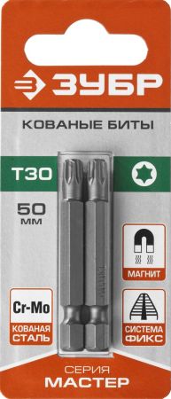Биты ЗУБР "МАСТЕР", тип хвостовика E 1/4", 50мм, T30, 2шт