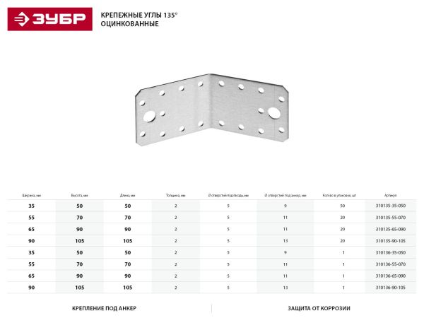 Уголок крепежный 135град. УК-135-2.0, 90х105х105 х 2мм, ЗУБР