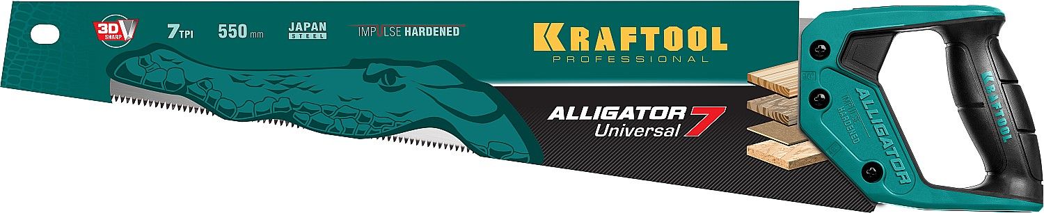 Ножовка универсальная "Alligator 7", 550 мм, 7 TPI 3D зуб.  KRAFTOOL
