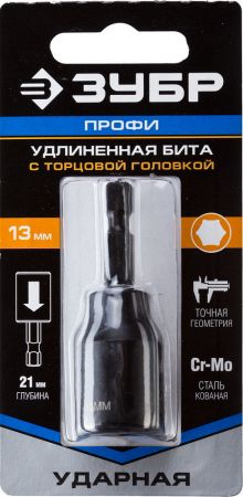 Бита ЗУБР ПРОФИ с торцовой головкой, удлиненная, хвостовик E 1/4, 13мм, 1шт Бита ЗУБР ПРОФИ с торцовой головкой, удлиненная, хвостовик E 1/4, 13мм, 1шт