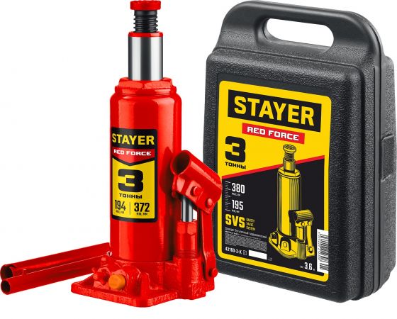 STAYER RED FORCE 3т 194-372мм домкрат бутылочный гидравлический в кейсе STAYER RED FORCE 3т 194-372мм домкрат бутылочный гидравлический в кейсе