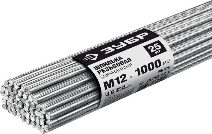 Шпилька резьбовая DIN 975, М12x1000мм, 25 шт, класс прочности 4.8, оцинкованная, ЗУБР
