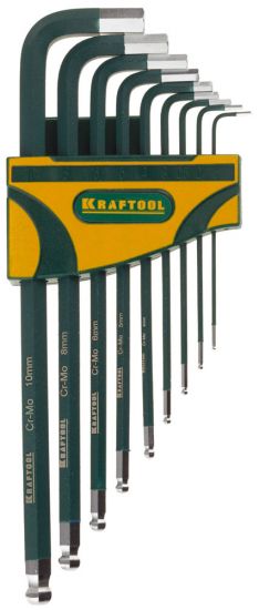 Набор ключей имбусовых KRAFTOOL INDUSTRIE длинные,шарик,Cr-Mo сталь(S2),хром покрыт с противоск напыл,HEX1,5-10мм,9шт 