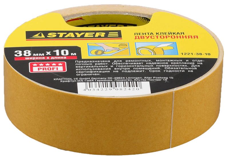 Лента STAYER MASTER клейкая, двусторонняя, на полипропиленовой основе, 38мм х 10м 