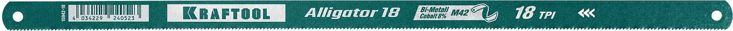 Биметаллическое гибкое полотно по металлу KRAFTOOL 18 TPI, быстрый рез, 300 мм, волнообразная разводка, 1 шт, Alligator-18 Биметаллическое гибкое полотно по металлу KRAFTOOL 18 TPI, быстрый рез, 300 мм, волнообразная разводка, 1 шт, Alligator-18