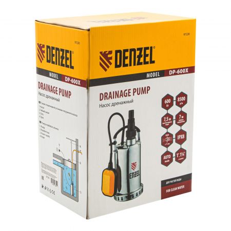 Дренажный насос DP600X, 600 Вт, подъем 7.5 м, 8500 л/ч Denzel