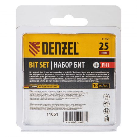 Бита PH1х25, сталь S2, шестигранный профиль, 10 шт. Е 6,3 Denzel Бита PH1х25, сталь S2, шестигранный профиль, 10 шт. Е 6,3 Denzel