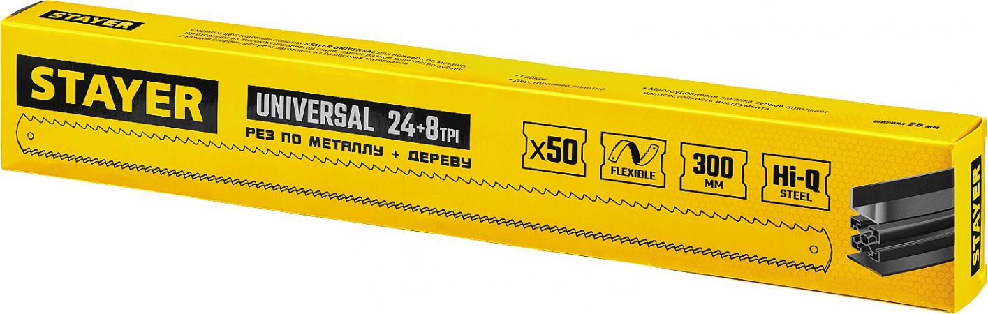 Полотно STAYER MASTER для ножовки по дереву/металлу двухст, 25x300 мм, 24TPI/8TPI, 50 шт Полотно STAYER MASTER для ножовки по дереву/металлу двухст, 25x300 мм, 24TPI/8TPI, 50 шт