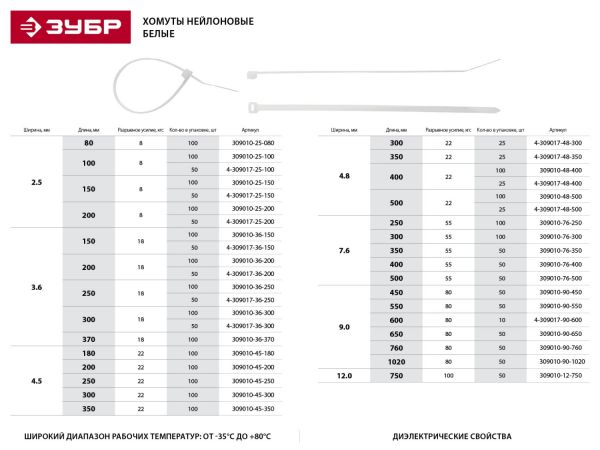 Кабельные стяжки белые КС-Б1, 4.5 x 250 мм, 100 шт, нейлоновые, ЗУБР Профессионал Кабельные стяжки белые КС-Б1, 4.5 x 250 мм, 100 шт, нейлоновые, ЗУБР Профессионал