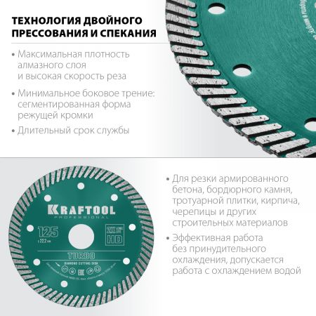 TURBO 125 мм, диск алмазный отрезной сегментированный по армированному бетону, кирпичу, KRAFTOOL TURBO 125 мм, диск алмазный отрезной сегментированный по армированному бетону, кирпичу, KRAFTOOL