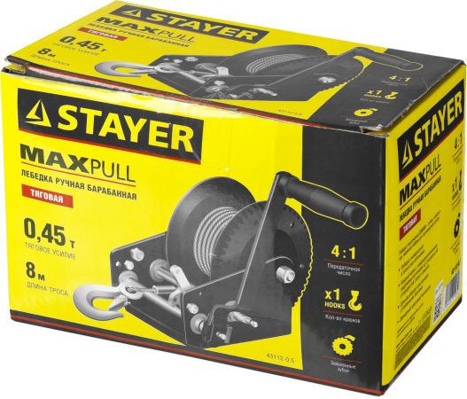 Лебедка ручная барабанная STAYER "MASTER", тяговая, тросовая, 0,45т, 8м Лебедка ручная барабанная STAYER "MASTER", тяговая, тросовая, 0,45т, 8м
