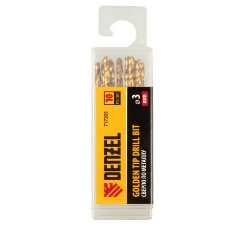 Сверло по металлу, 3 мм, HSS-Tin, Golden Tip, 10 шт. Denzel Сверло по металлу, 3 мм, HSS-Tin, Golden Tip, 10 шт. Denzel
