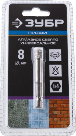 Алмазное сверло ЗУБР "ПРОФЕССИОНАЛ" универсальное, сухое сверление, алмазы на вакуумной пайке, шестигранный хвостовик, d=8мм
