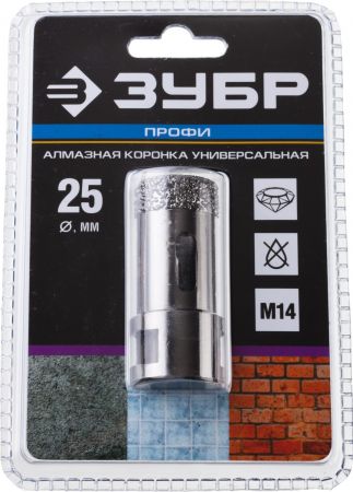 Алмазная коронка ЗУБР "ПРОФЕССИОНАЛ" универсальная для УШМ, сухое сверление, алмазы на вакуумной пайке, посадка М14, d=25мм Алмазная коронка ЗУБР "ПРОФЕССИОНАЛ" универсальная для УШМ, сухое сверление, алмазы на вакуумной пайке, посадка М14, d=25мм