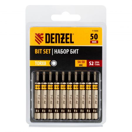 Бита TX 8х50, сталь S2, шестигранный профиль, 10 шт. Е 6,3 Denzel Бита TX 8х50, сталь S2, шестигранный профиль, 10 шт. Е 6,3 Denzel
